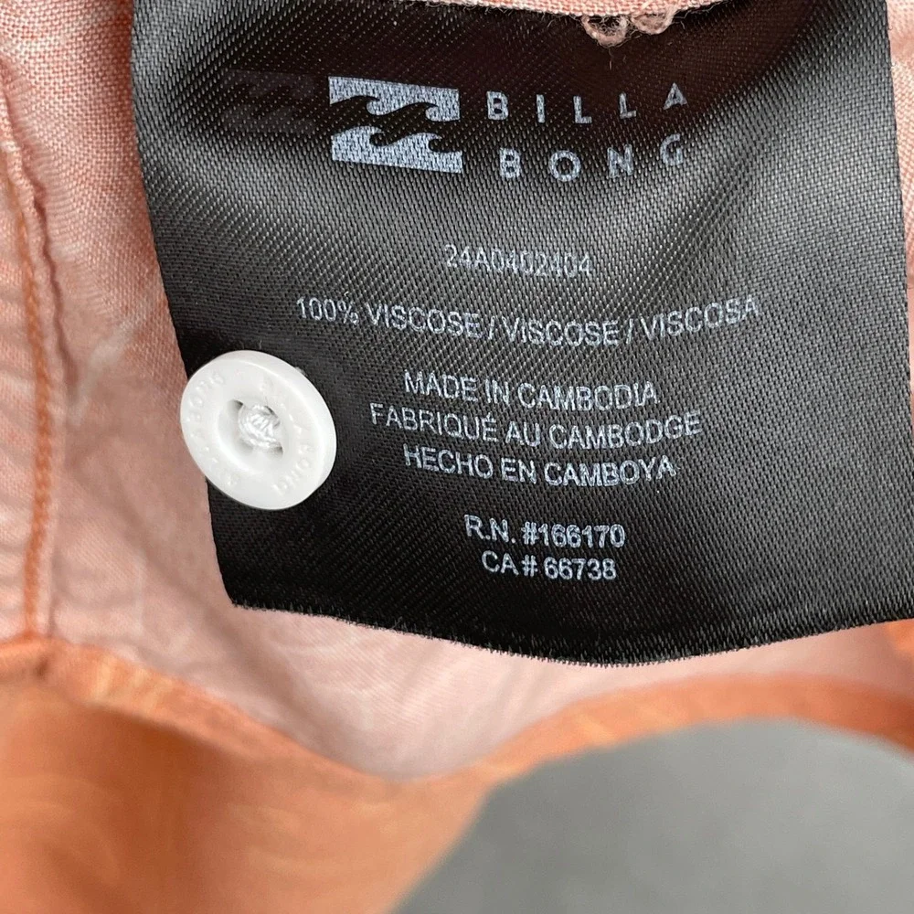 Billabong Patrick Mens L Peach Monstera Leaf Tropical‎ Viscose Button Down Shirt